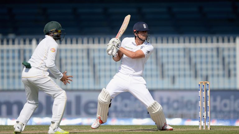 SHARJAH, UNITED ARAB EMIRATES - NOVEMBER 02:  England captain Alastair Cook bats during day two of the 3rd Test between Pakistan and England at Sharjah Cri