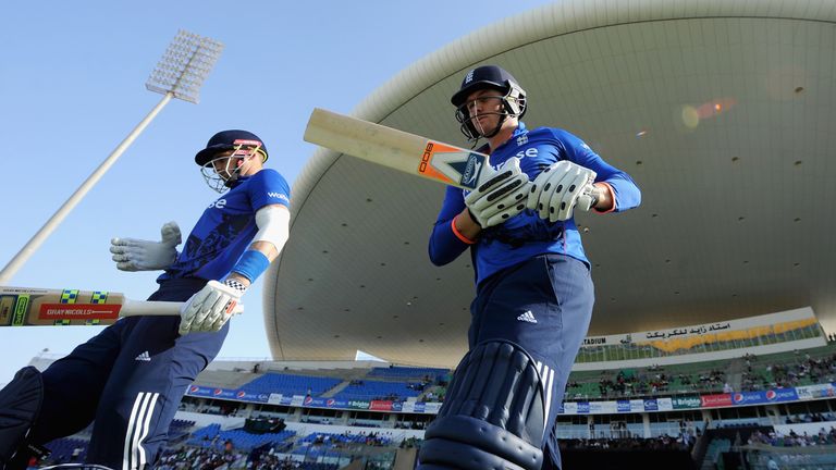 Alex Hales and Jason Roy of England walk out to bat ahead of the 2nd One Day International between Pakistan