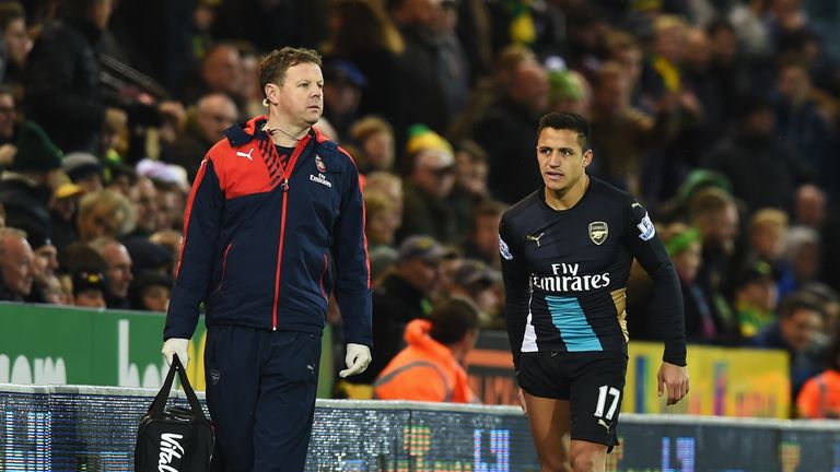 Arsenal's Alexis Sanchez leaves the pitch with a suspected hamstring injury