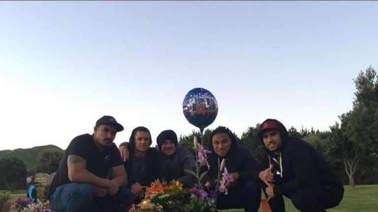 All Blacks Jerome Kaino, Dan Carter, Sonny Bill Willimas, Ma'a Nonu and Liam Messam pay their respects to Jerry Collins after arriving in Wellington.