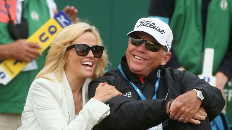 Phil's wife Amy Mickelson celebrates with Butch Harmon after his Open victory at Muirfield