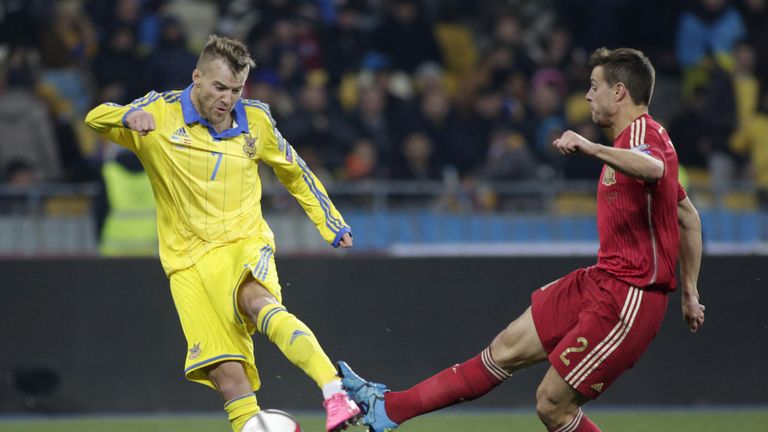 Ukraine's Andriy Yarmolenko (L) has 20 goals in 52 appearances for his country