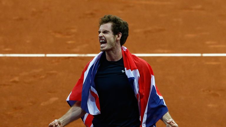 Andy Murray of Great Britain celebrates defeating David Goffin of Begium to win the Davis Cup during day three of the Davis Cup