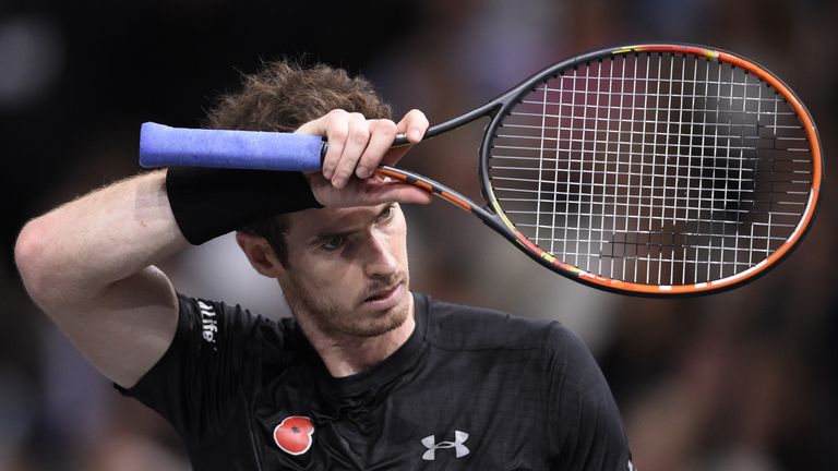 Britain's Andy Murray reacts during the final against Serbia's Novak Djokovic at the ATP World Tour Masters 1000 indoor tennis tournament in Paris