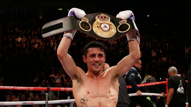 Anthony Crolla celebrates victory over Darleys Perez during the WBA World lightweight title at Manchester Arena