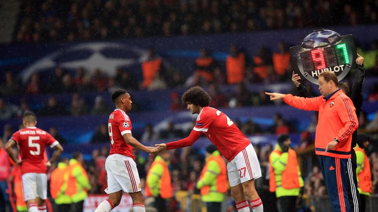 Manchester United's Anthony Martial (left) is replaced by Marouane Fellaini, CSKA Moscow v Man Utd, Champions League