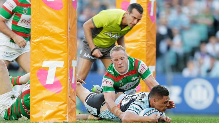 Anthony Tupou, pictured scoring a try for NRL side Cronulla Sharks, has joined Wakefield