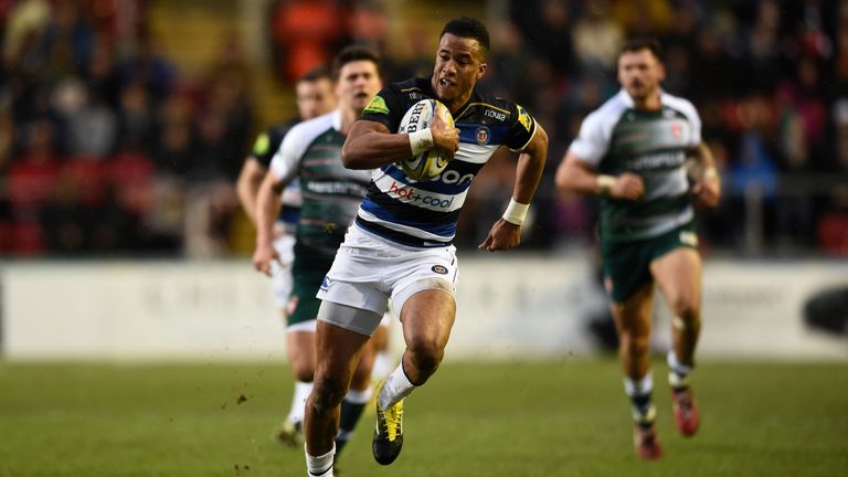 Bath full-back Anthony Watson storms clear to score a try against Leicester