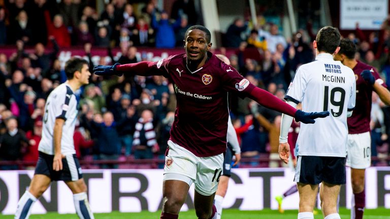 Arnaud Djoum scores for in-form Hearts at home to Dundee