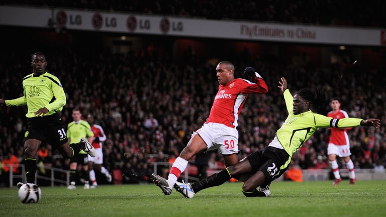 Simpson scores his first goal in Arsenal's 3-0 win against Wigan in 2008