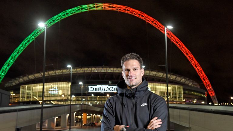 Asmir Begovich at Wembley undergoing Star Wars Battlefront training, as the arch was turned the colours of the Jedi and the Sith