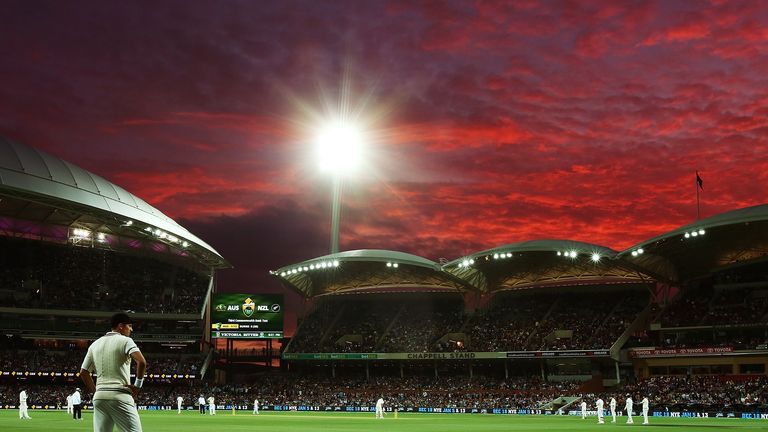 A general view of play under lights during day one of the Third Test match between Australia and New Zealand at Adelaide