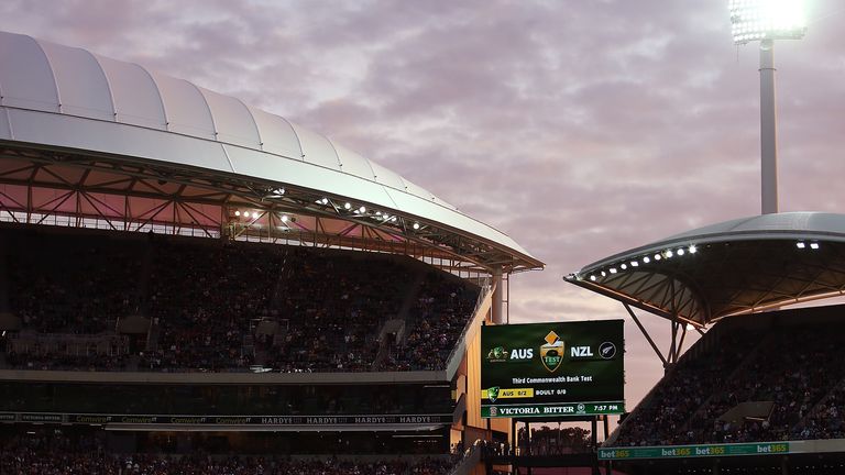 A general view of play under lights during day one of the Third Test match between Australia and New Zealand at Adelaide