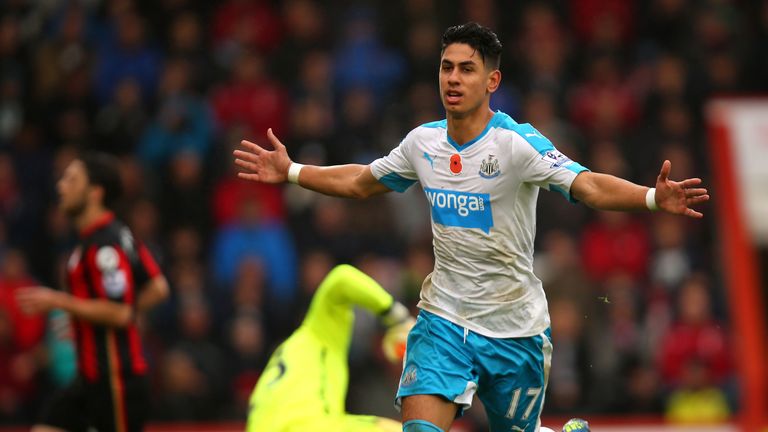 Ayoze Perez of Newcastle United celebrates scoring his team's first goal during the Barclays Premier League match against A.F.C. Bournemouth