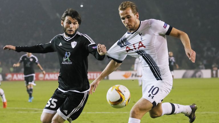 Badavi Guseynov of Qarabag FK is challenged by Harry Kane of Tottenham Hotspur FC during the UEFA Europe League match