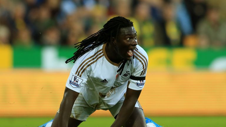 Bafetimbi Gomis reacts during the Barclays Premier League match between Norwich City and Swansea City