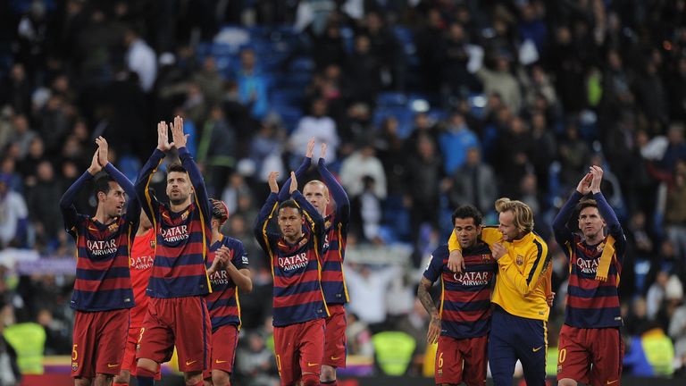 Barcelona players celebrate after beating Real Madrid 4-0 in El Clasico