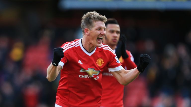 Bastian Schweinsteiger of Manchester United celebrates scoring his team's second goal 