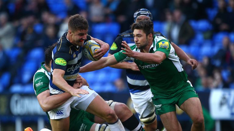 Bath's Ollie Devoto tries to hold off London Irish's David Sisi 