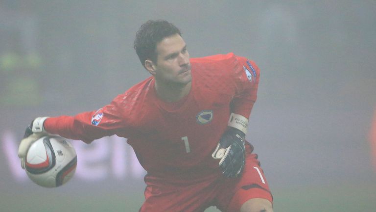 Goalkeeper Asmir Begovic of Bosnia in action against Republic of Ireland