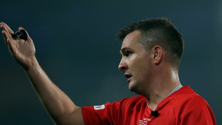 HULL, ENGLAND - NOVEMBER 01:  Referee Ben Thaler during the International Rugby League Test Series match between England and New Zealand at KC Stadium on N