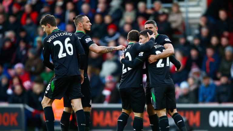 Bojan Krkic of Stoke City celebrates scoring his team's first goal against Southampton.
