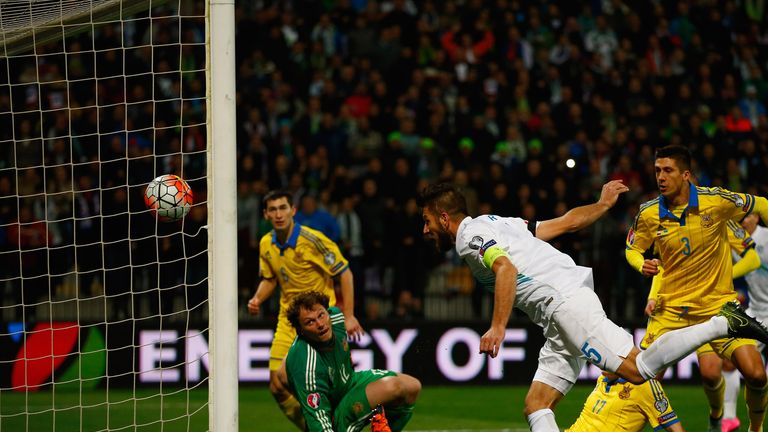 Bostjan Cesar of Slovenia scores the opening goal during the UEFA EURO 2016 qualifier play-off second leg