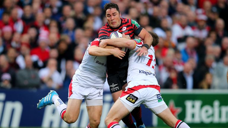 Brad Barritt of Saracens is tackled during the Heineken Cup quarter-final between Ulster and Saracens in 2013
