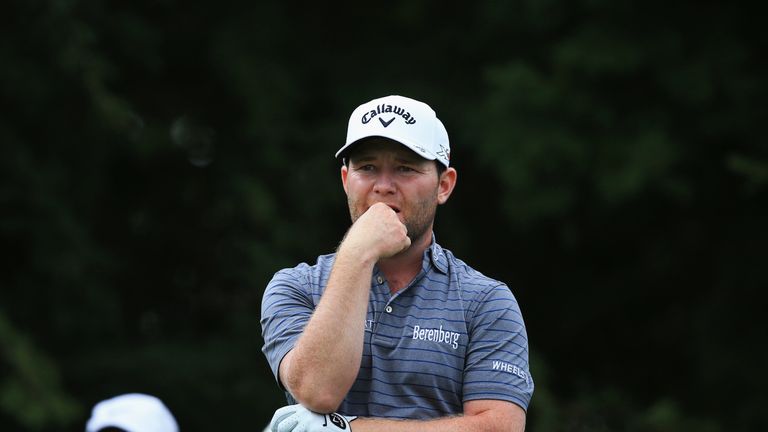 MALELANE, SOUTH AFRICA - NOVEMBER 27:  Branden Grace of South Africa looka thoughtful on the 9th tee during day two of the Alfred Dunhill Championship at L