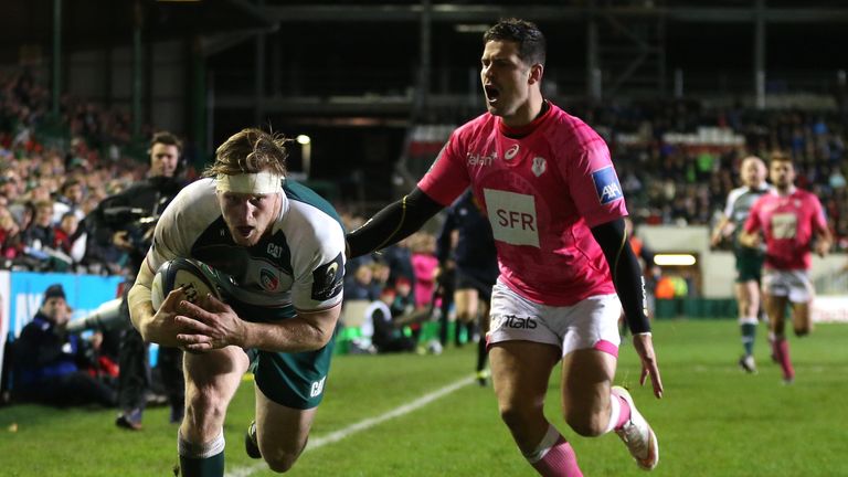 Brendan O'Connor dives in for a try during the European Rugby Champions Cup match between Leicester and Stade Francais