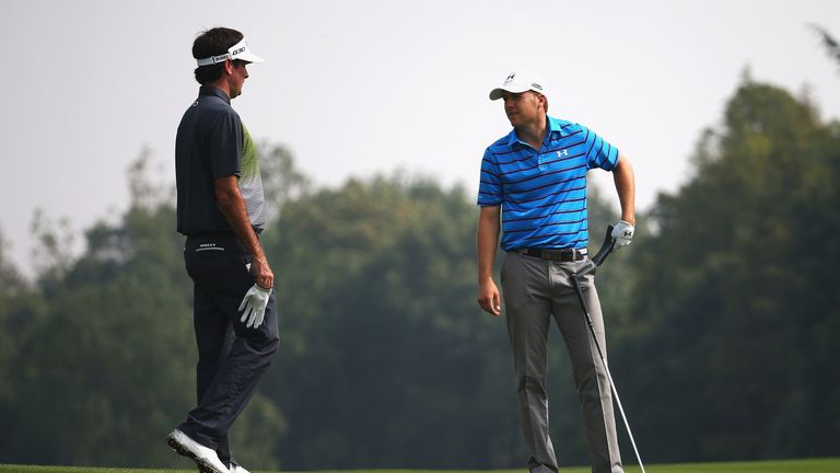 SHANGHAI, CHINA - NOVEMBER 05:  Bubba Watson and Jordan Spieth of the United States talk on the 15th hole during day one of the WGC - HSBC Champions at the