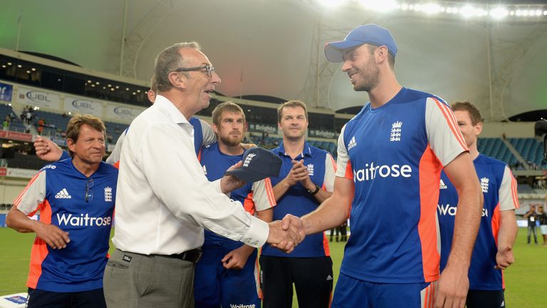 James Vince of England is presented with his T20 international cap by David Lloyd