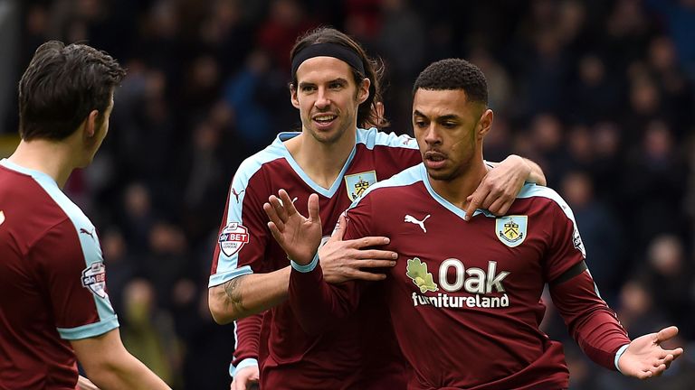 Burnley's Andre Gray celebrates scoring their first goal of the game 