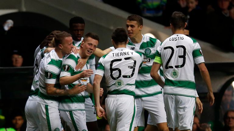 Celtic's Callum McGregor celebrates scoring his side's first goal v Ajax with team-mates during the UEFA Europa League match at Celtic Park, Glasgow