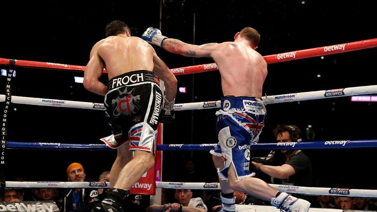LONDON, ENGLAND - MAY 31:  George Groves is kncoked out Carl Froch in their IBF and WBA World Super Middleweight bout at Wembley Stadium on May 31, 2014 in