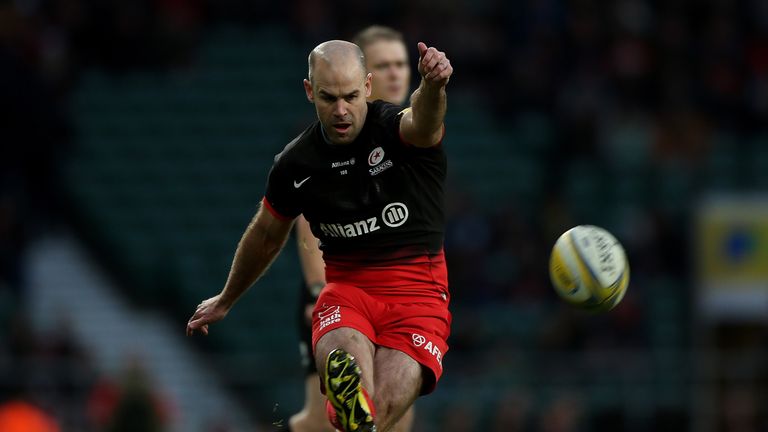 Charlie Hodgson of Saracens kicks a conversion during the Aviva Premiership match between Saracens and Worcester Warriors