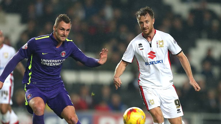 MK Dons' Dean Bowditch plays the ball beyond Patrick Bauer of Charlton