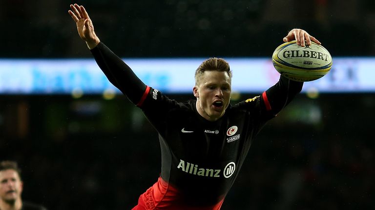 LONDON, ENGLAND - NOVEMBER 28:  Chris Ashton of Saracens dives over to score a try during the Aviva Premiership match between Saracens and Worcester Warrio