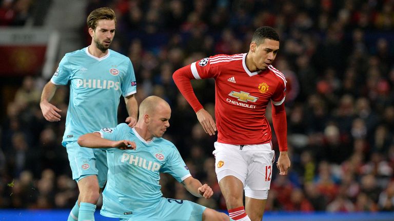 Manchester United's Chris Smalling and PSV Eindhoven's Jorrit Hendrix 