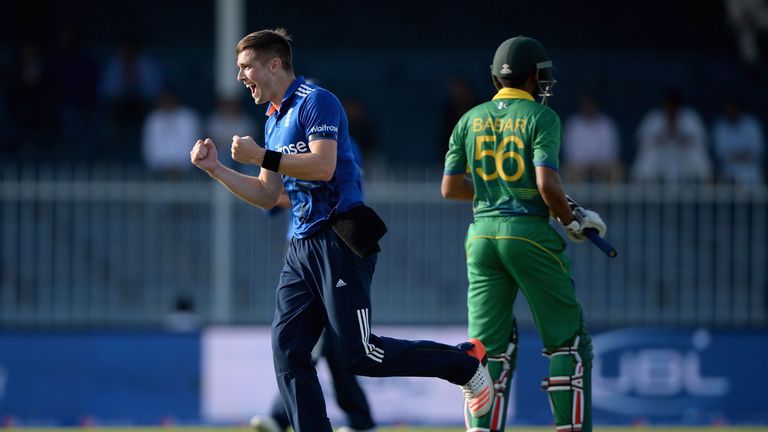 Chris Woakes celebrates the wicket of Babar Azam in the third ODI