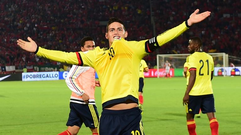 Colombia's James Rodriguez celebrates after scoring against Chile
