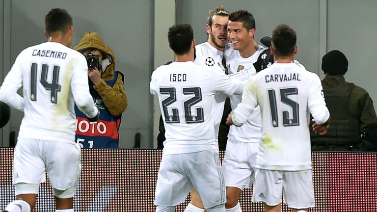 Cristiano Ronaldo celebrates with Real Madrid team-mates after opening the scoring