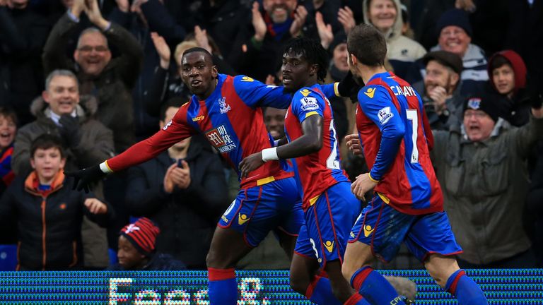 Crystal Palace's Yannick Bolasie (left) celebrates scoring his side's second goal