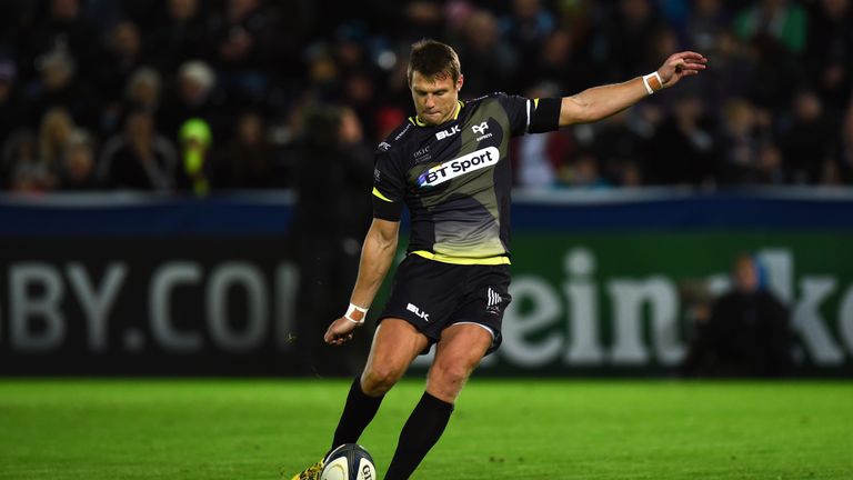 Ospreys player Dan Biggar kicks the games first points during the Champions Cup match between Ospreys and Exeter Chiefs 