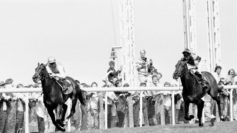 Dancing Brave, ridden by Pat Eddery (left), winning the King George VI and The Queen Elizabeth Diamond Stakes at Ascot, July 1986