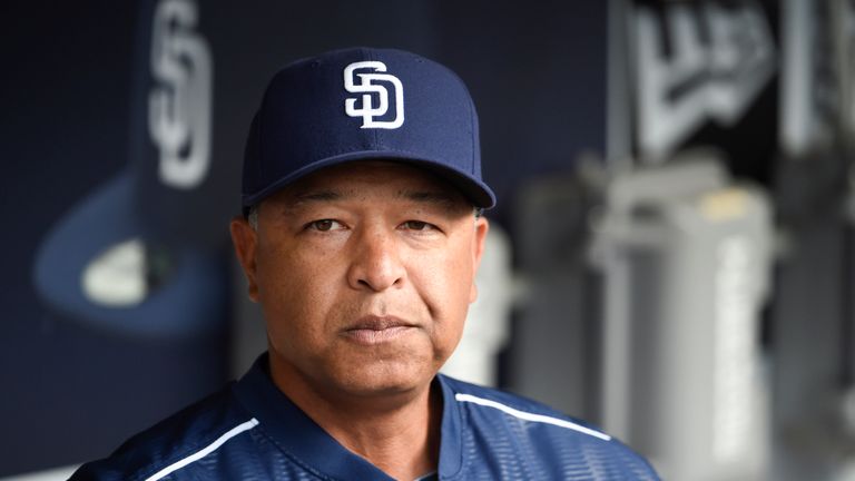 SAN DIEGO, CA - JUNE 15:  Interim manager Dave Roberts #8 of the San Diego Padres looks on before a baseball game against the Oakland Athletics at Petco Pa