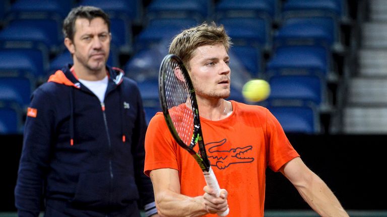 Belgium's David Goffin takes part in a training session ahead of the Davis Cup World Group final 