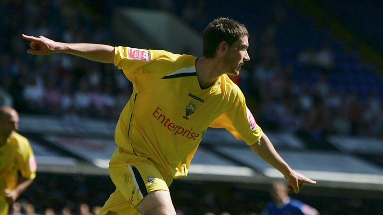 David Jones of Preston celebrates his goal during the Championship match between Ipswich Town and Preston North End in 2005