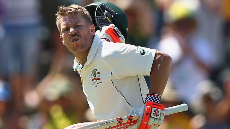 David Warner of Australia celebrates after reaching his century