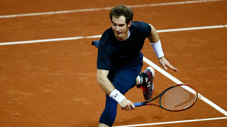 Andy Murray of Great Britain reaches for a backhand during a practice session at Flanders Expo ahead of the Davis Cup final